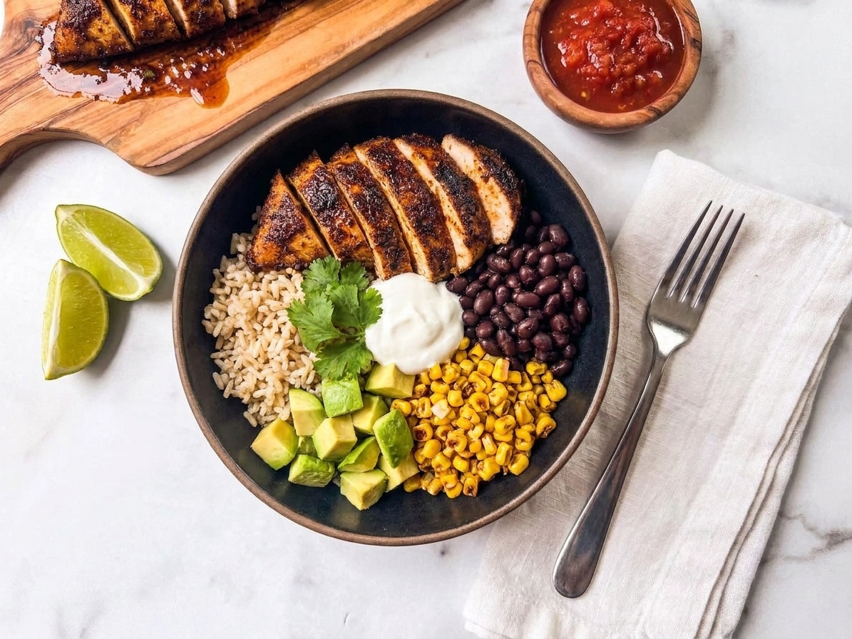 A finished chicken burrito bowl on a dinner table with a fork, napkin, lime wedges, and a small bowl of salsa