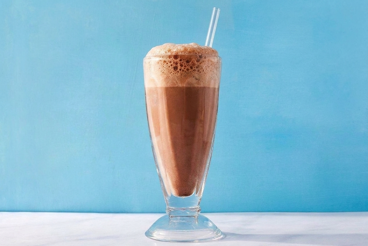 A finished chocolate egg cream in a tall glass with a big foam cap on a simple table setting