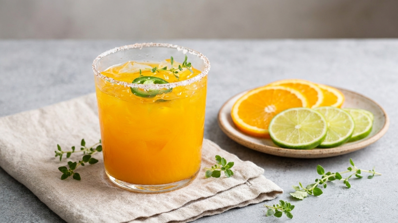 A finished citrus ginger mocktail on a simple table setting with a linen napkin and a small plate of citrus slices