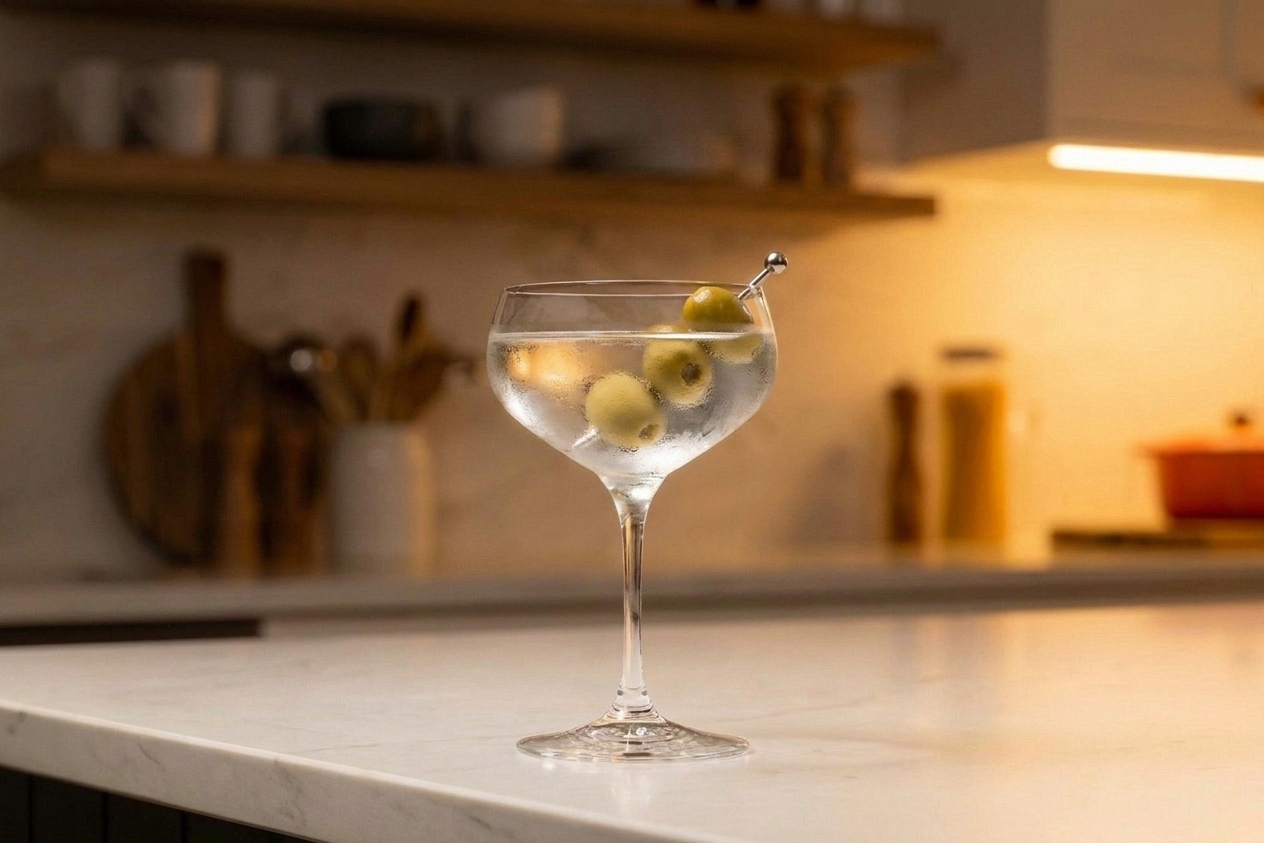 A finished classic martini in a chilled glass garnished with green olives on a small pick, set on a simple table setting