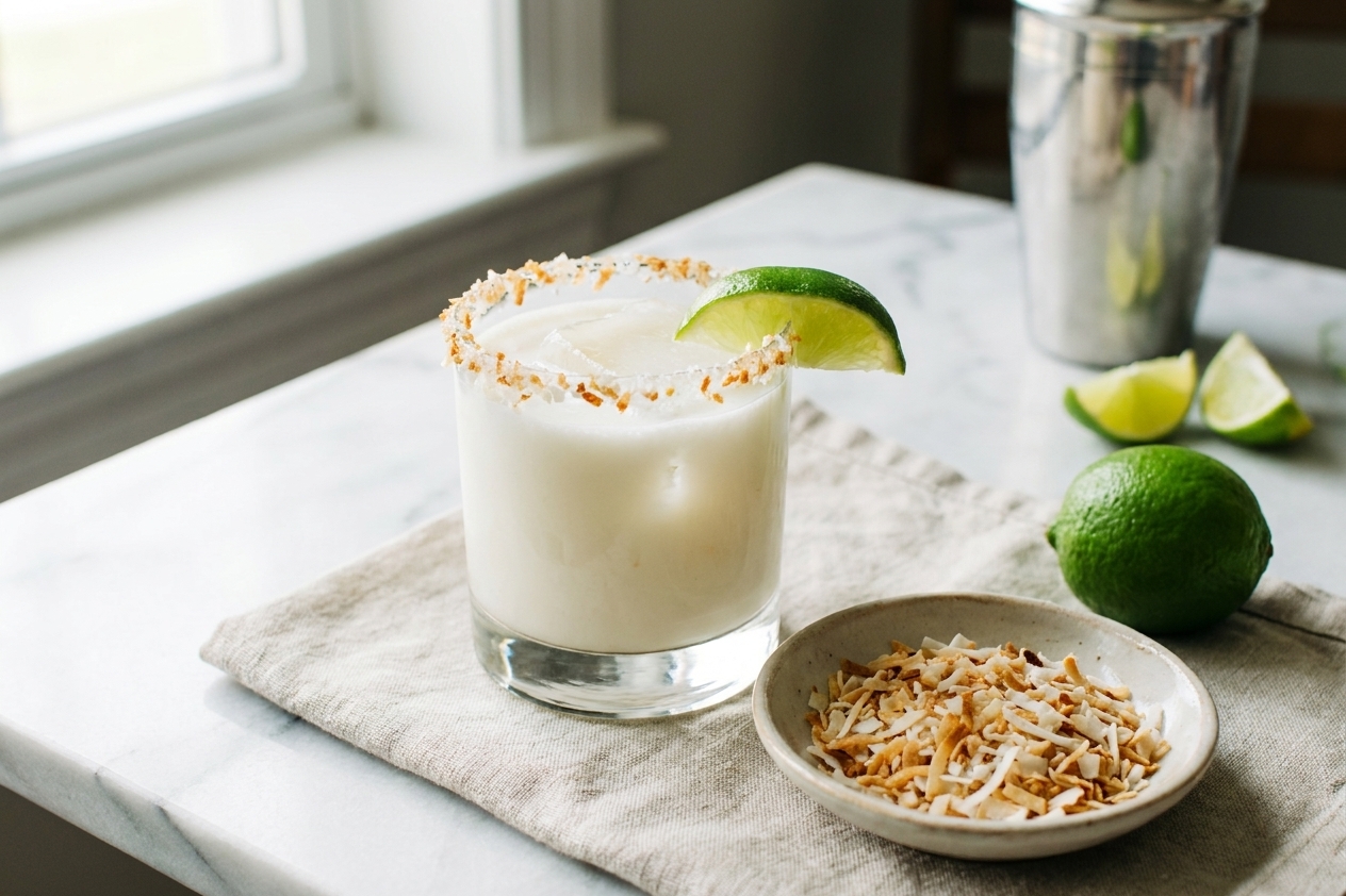 A finished coconut margarita on a simple table setting with a small bowl of toasted coconut and a lime on a linen napkin