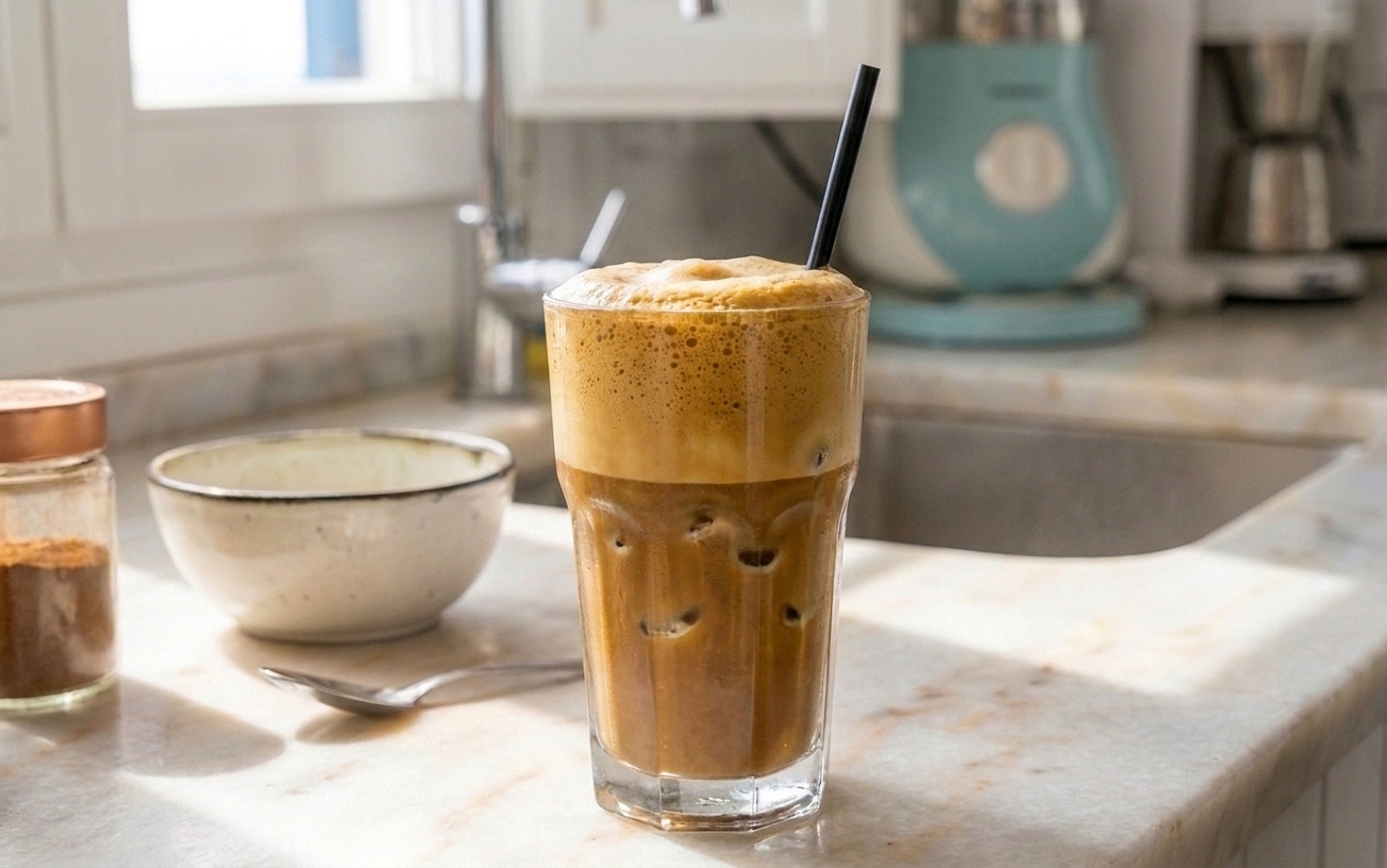 A finished coffee frappe with thick foam and a straw, set on a kitchen counter with soft natural light