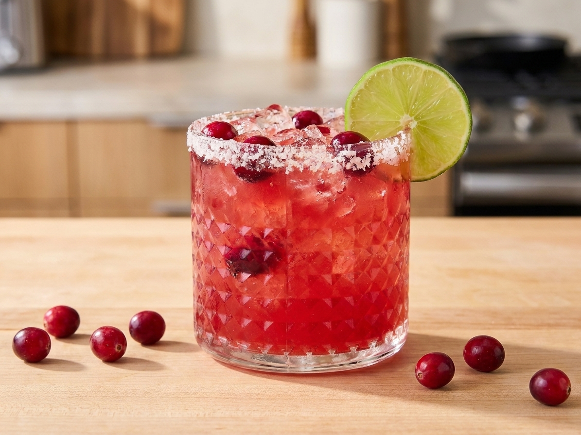 A finished cranberry margarita on a wooden counter with a lime wheel garnish and fresh cranberries scattered nearby