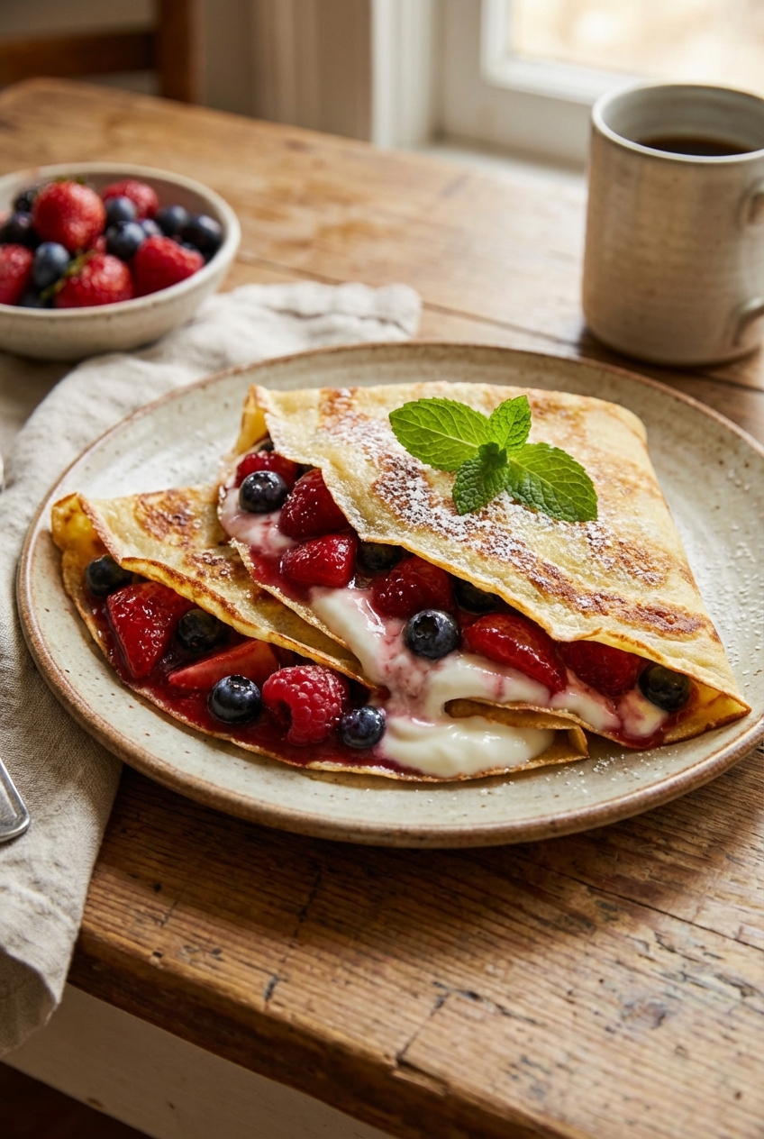 A finished crepe folded into quarters and filled with warm berries and yogurt on a plate