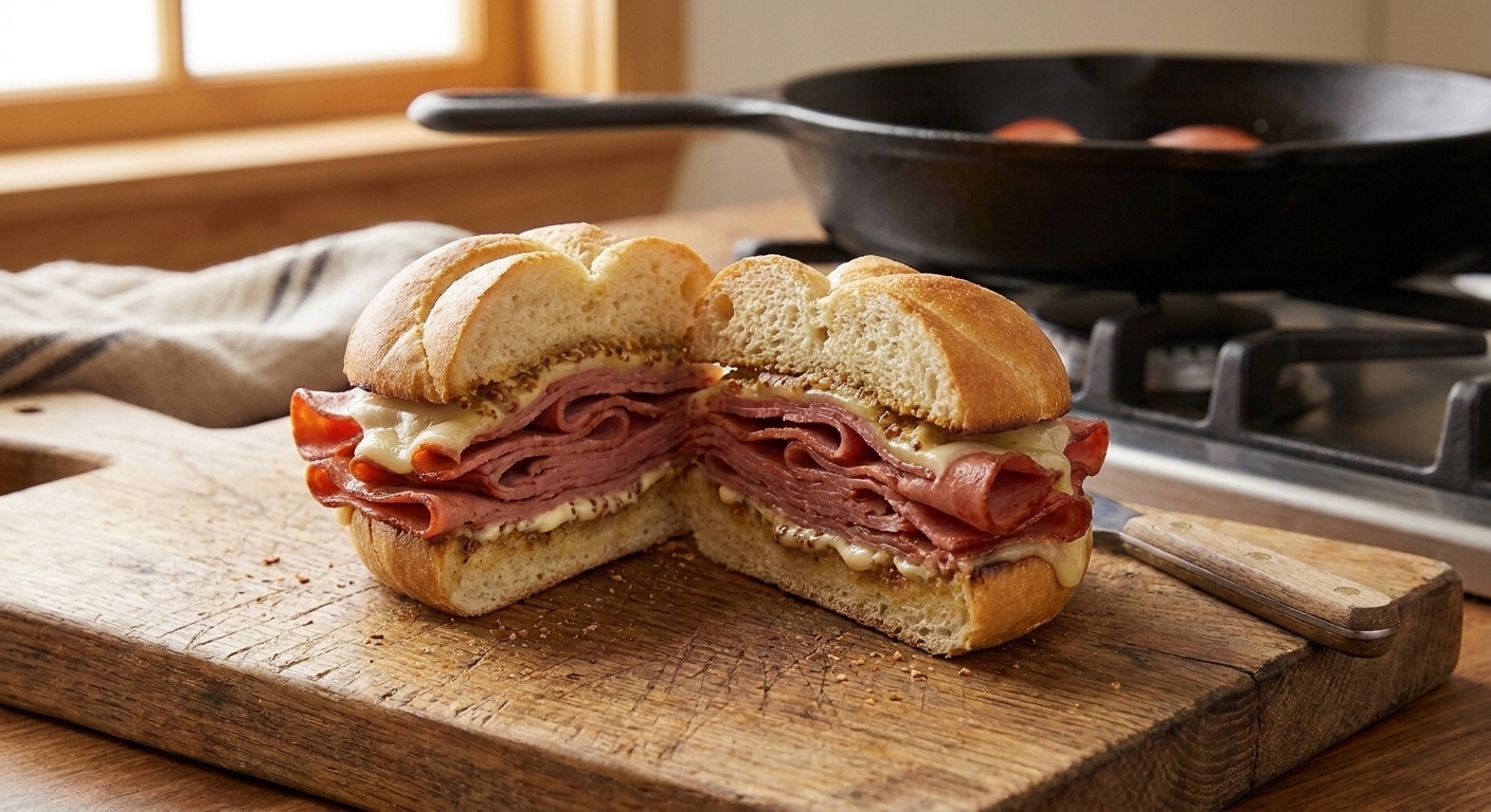A finished crispy mortadella and provolone sandwich on a wooden cutting board, sliced in half with mustard and mayo visible