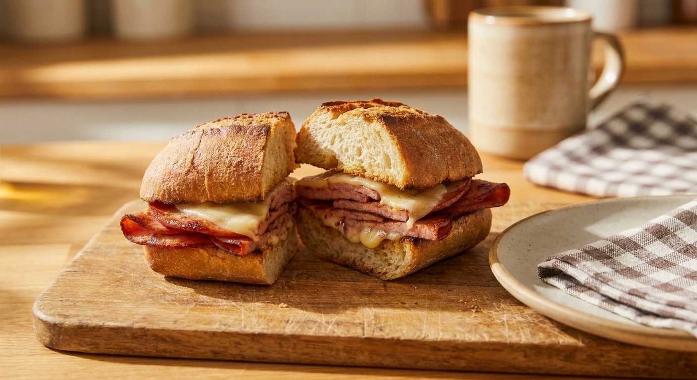 A finished crispy mortadella and provolone sandwich on a cutting board with a simple plate and napkin on a kitchen table