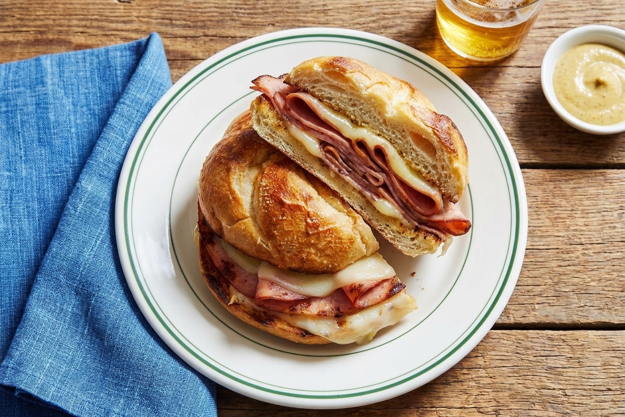 A finished crispy mortadella and provolone sandwich cut in half on a white plate with a simple napkin on a wooden table