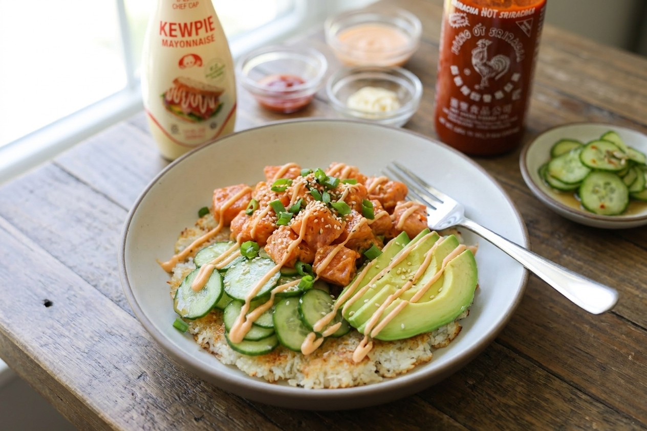 A finished crispy rice bowl topped with spicy salmon, cucumber salad, avocado slices, and a drizzle of creamy sauce on a wooden kitchen table