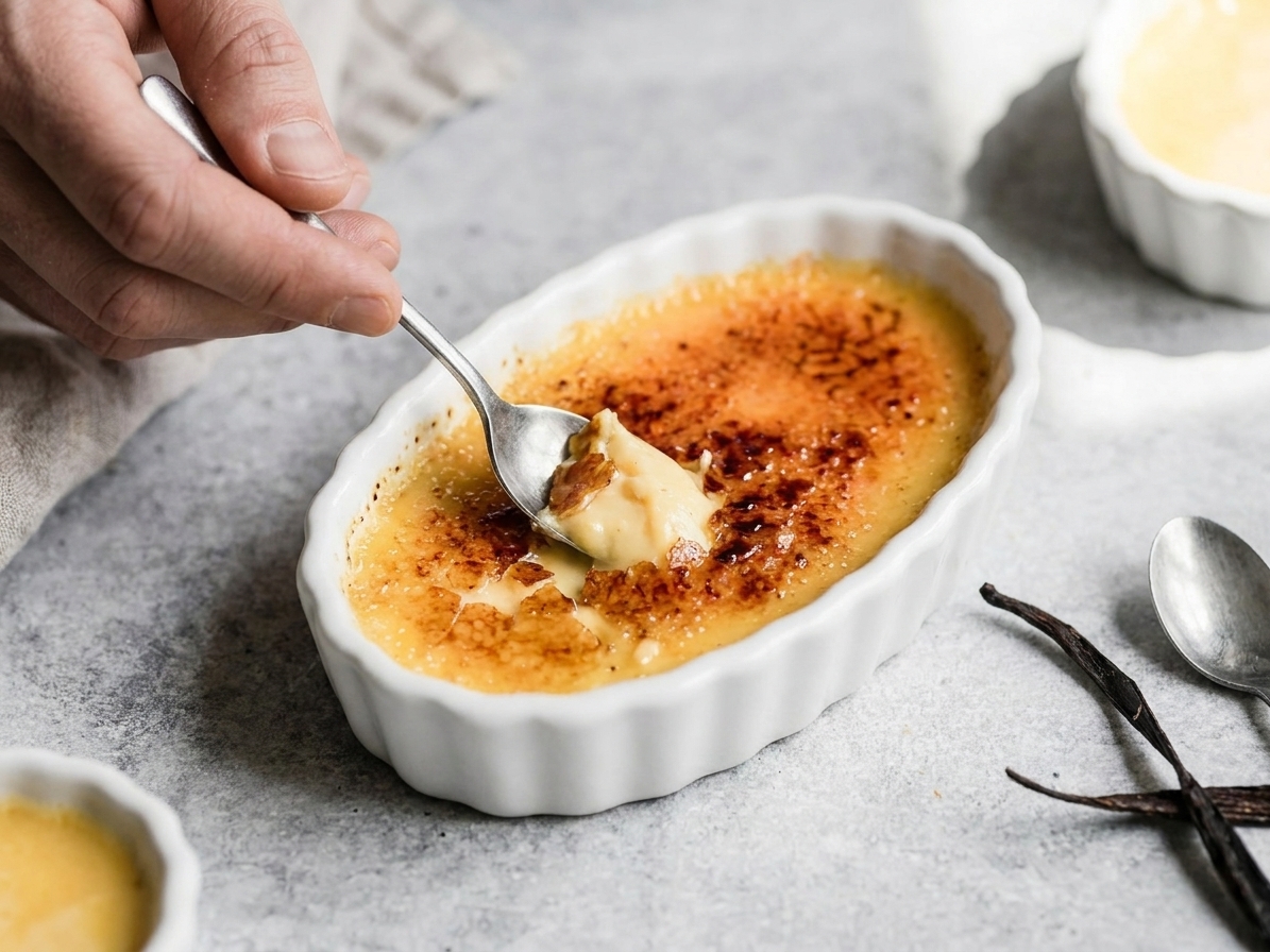 A finished crème brûlée with a cracked caramel top and a spoon digging into the creamy custard on a simple dessert plate