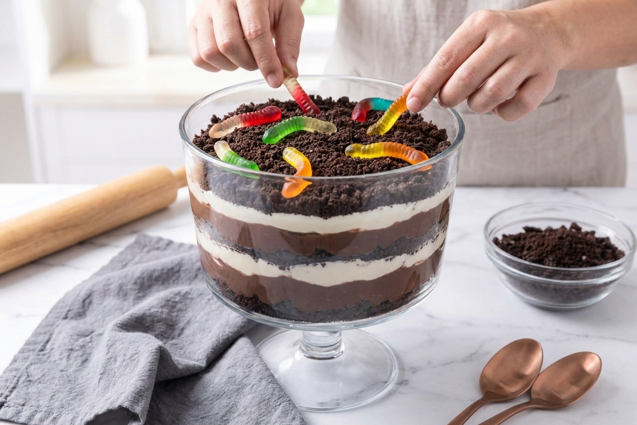 A finished dirt dessert in a glass dish topped with crushed cookie crumbs and a few gummy worms arranged on top, ready to serve