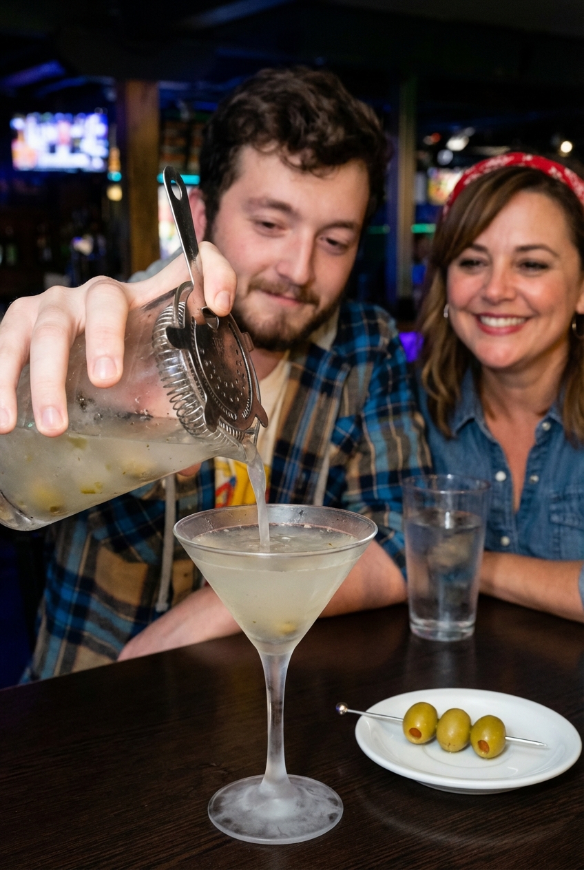 A finished dirty vodka martini being strained from a mixing glass into a chilled martini glass with olives on a pick in the background
