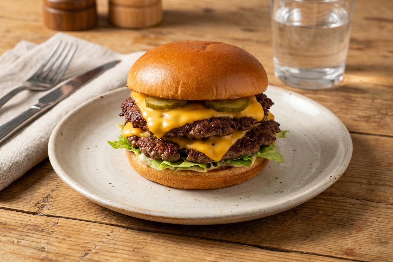 A finished double smash burger with melted cheese and pickles on a toasted bun, plated on a simple ceramic plate with a casual kitchen table setting