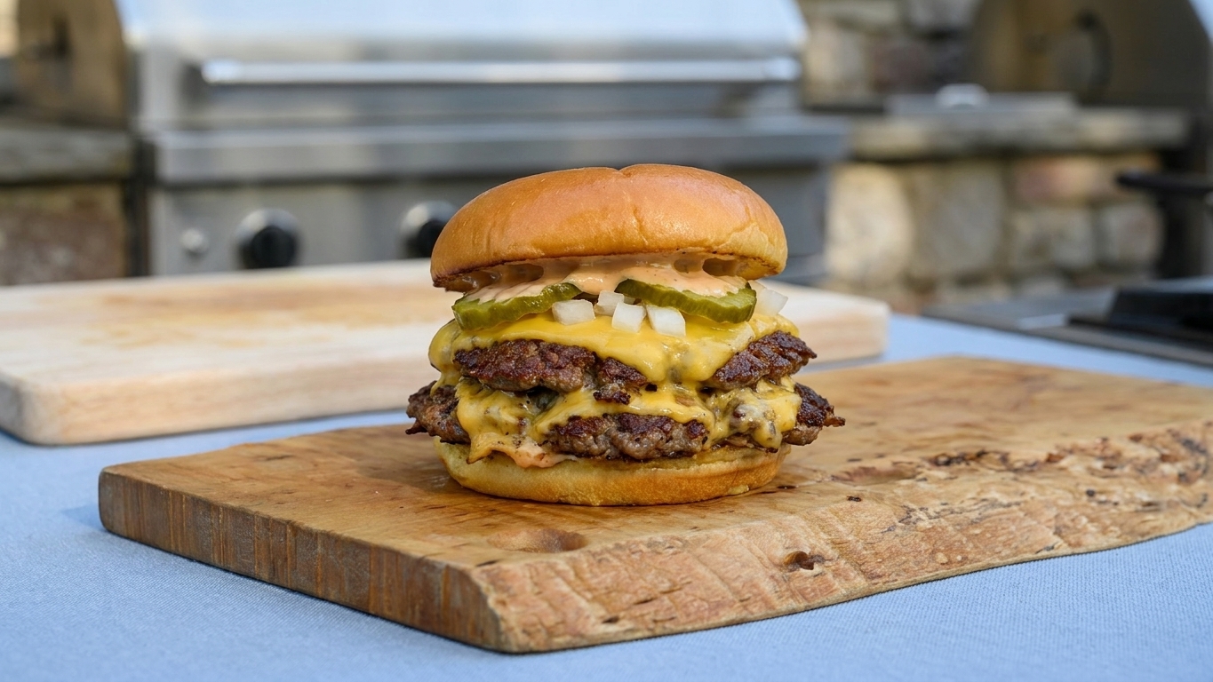 A finished double smash burger with melted cheese, pickles, onions, and sauce on a toasted bun