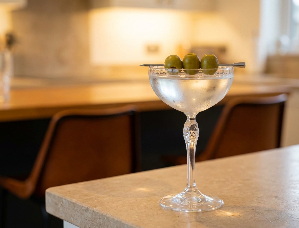 A finished dry martini in a chilled martini glass with three green olives on a pick on a simple table setting under soft kitchen lighting