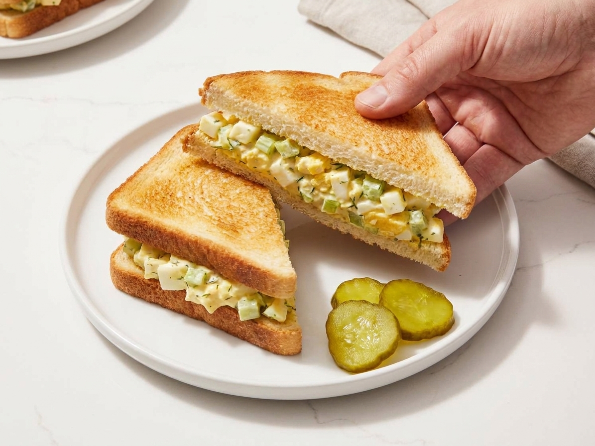 A finished egg salad sandwich on toasted bread cut in half on a simple plate with a few pickle slices beside it