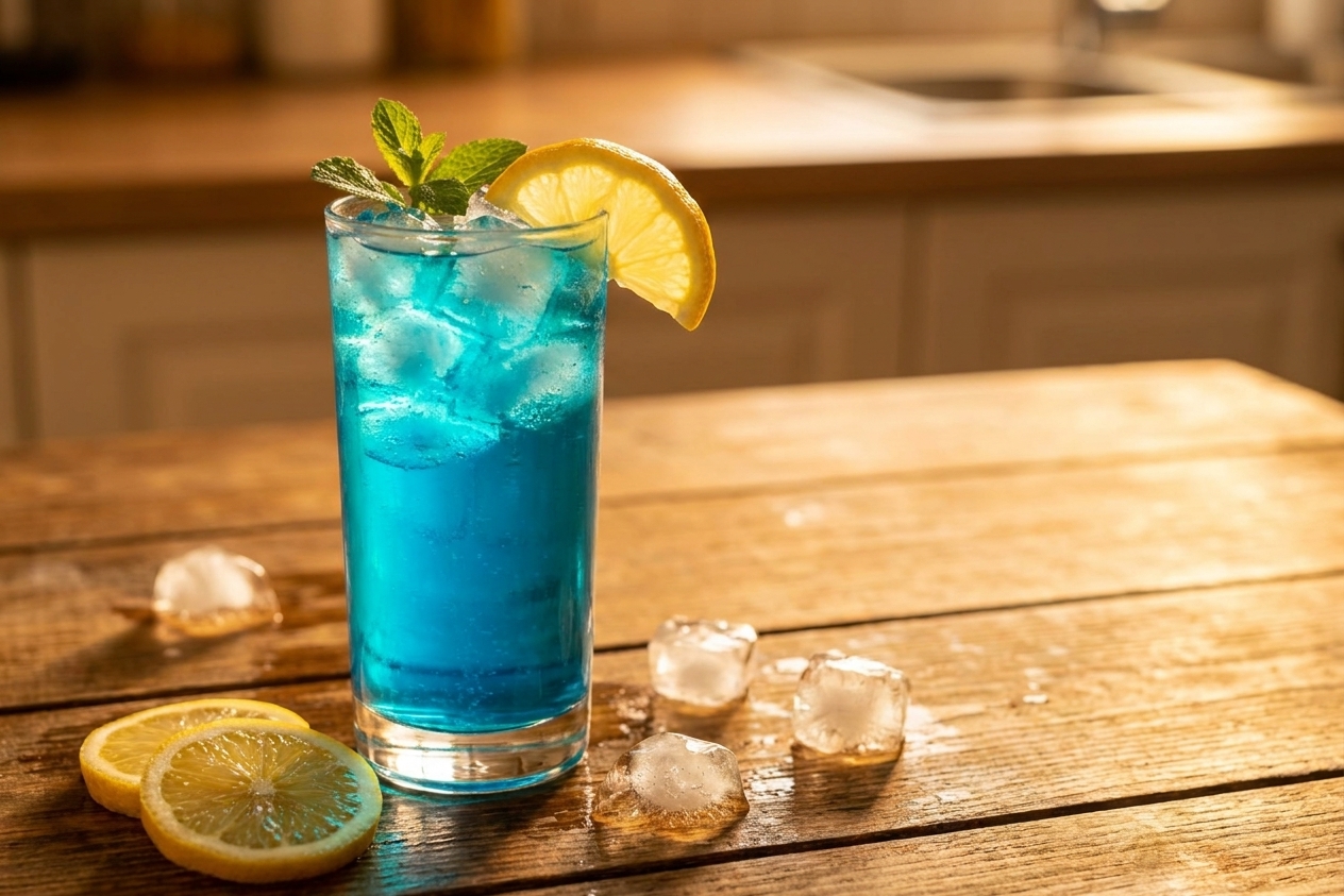 A finished electric-blue AMF cocktail in a tall glass with a lemon wedge garnish, sitting on a wooden table with soft evening light
