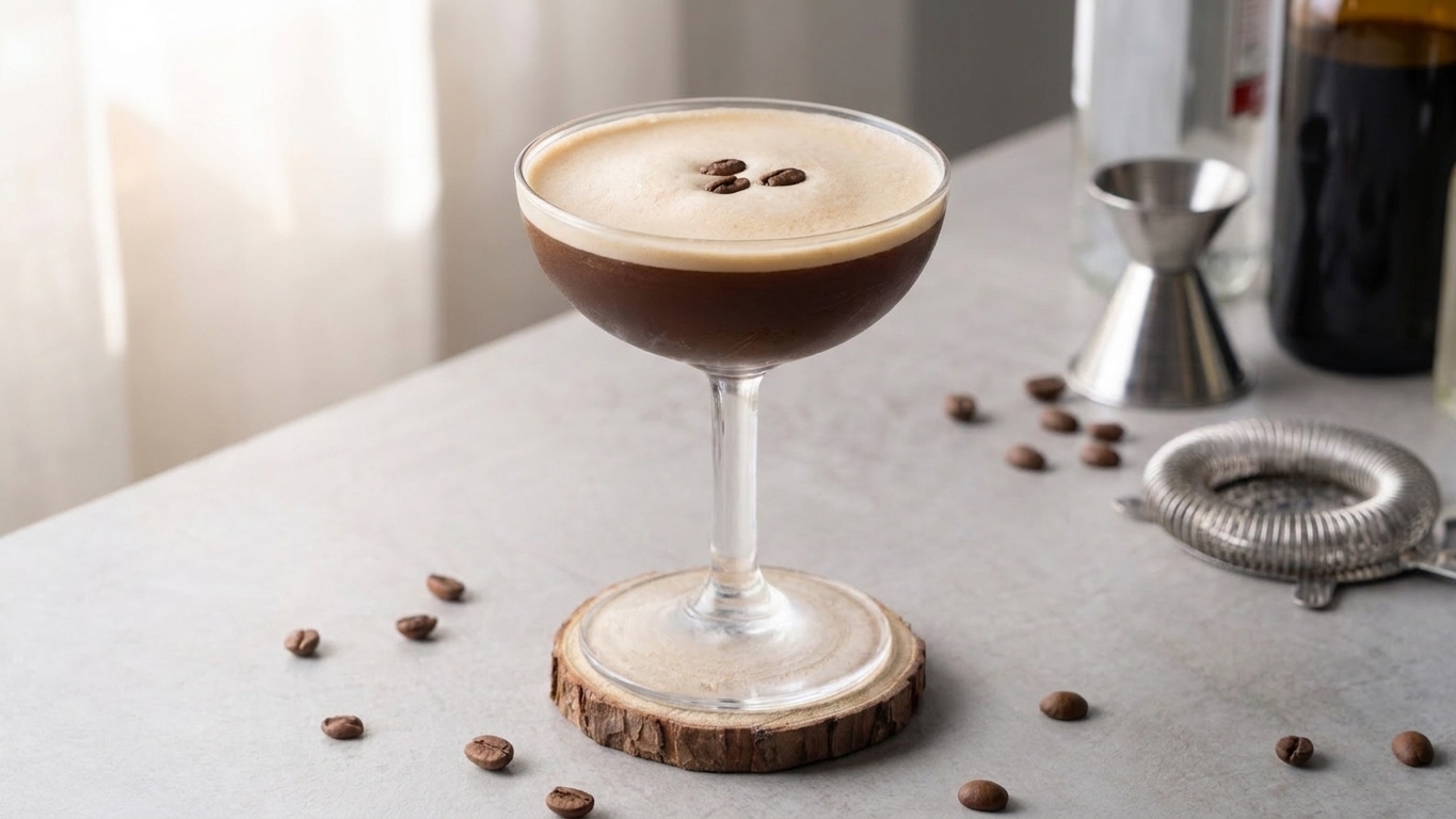 A finished espresso martini in a coupe glass with three coffee beans on the foam, set on a simple table setting
