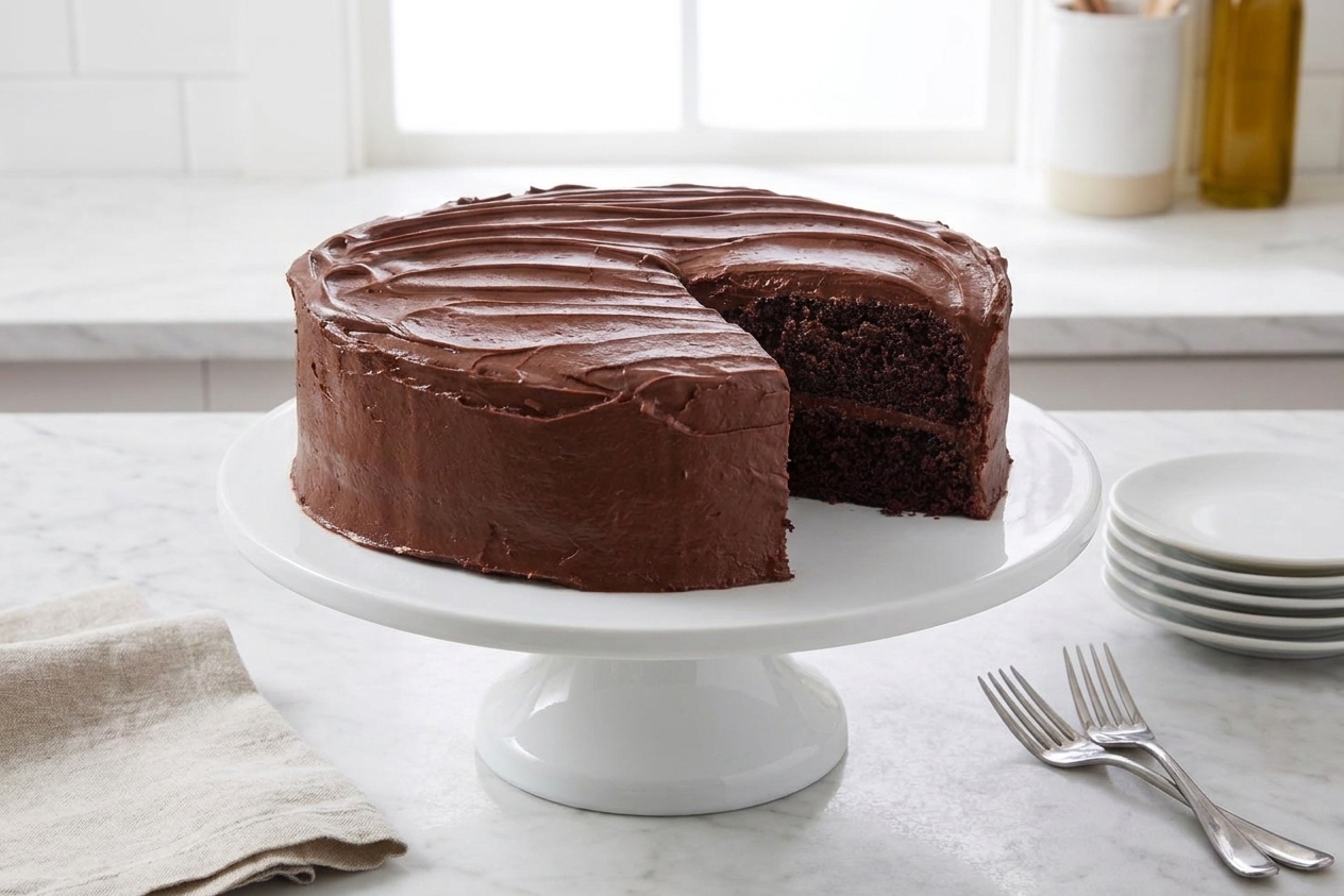 A finished frosted chocolate cake on a simple table setting with plates and forks, ready to serve