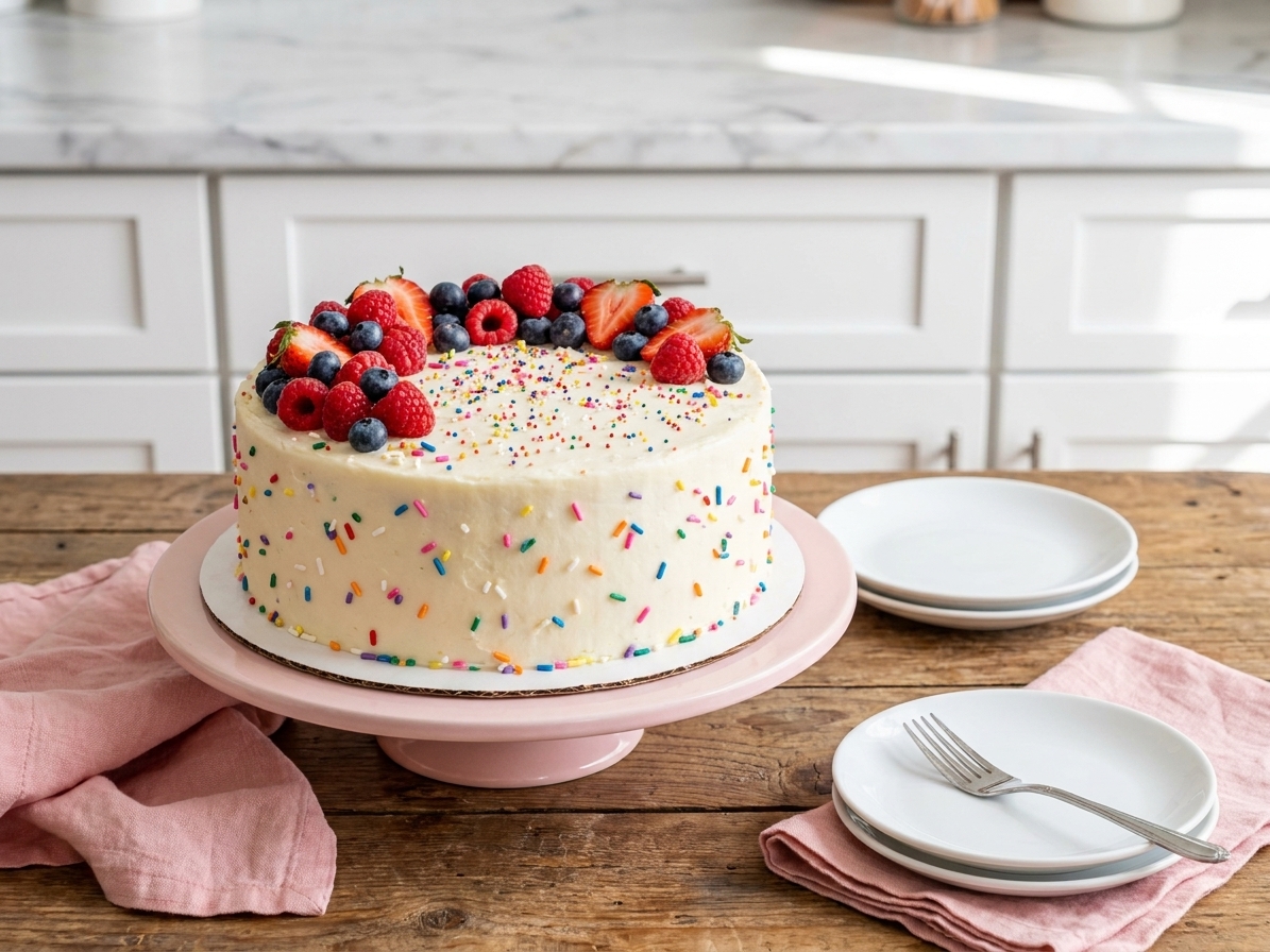 A finished frosted smash cake topped with fresh berries on a wooden table set with small plates and napkins