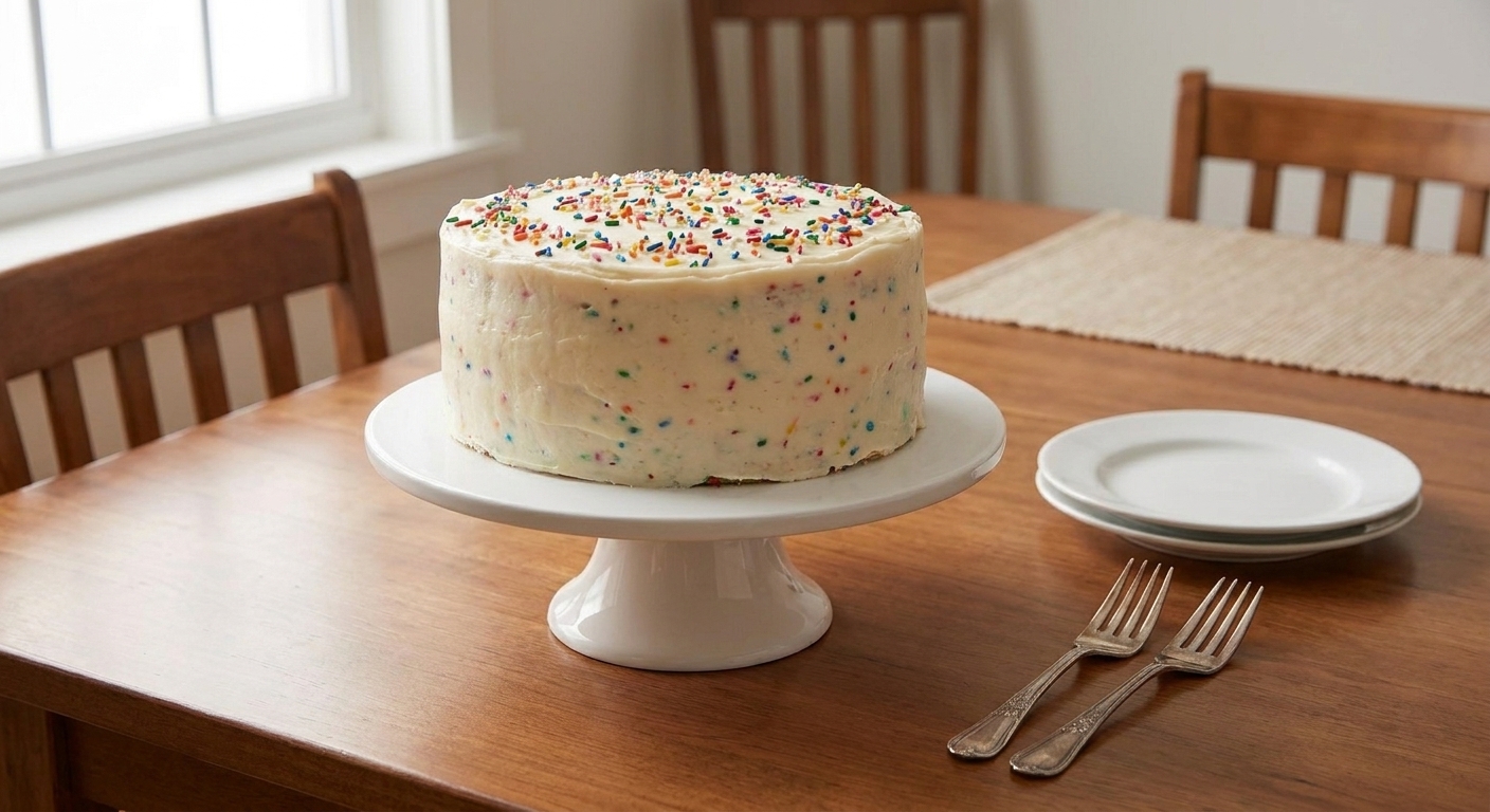 A finished funfetti cake with rainbow sprinkles on top, set on a dining table with plates and forks ready for serving