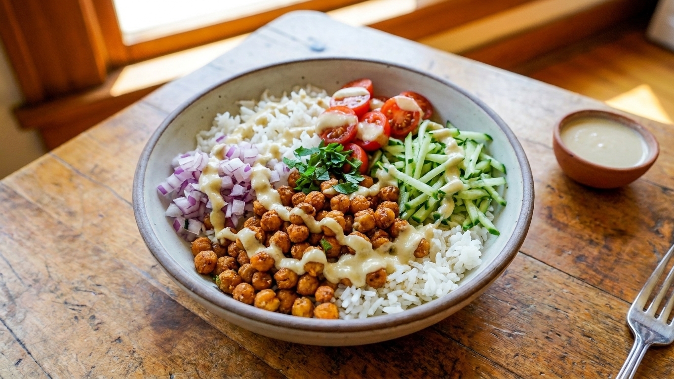 A finished garbanzo bean bowl with rice, crisp roasted chickpeas, fresh vegetables, herbs, and lemon tahini sauce drizzled on top on a kitchen table