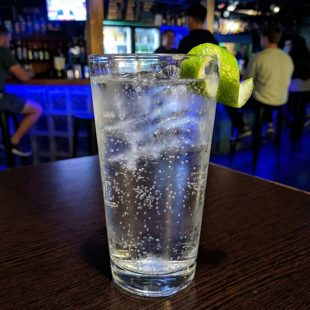 A finished gin and tonic in a tall glass with ice and a lime peel twist resting on the rim, bubbles visible