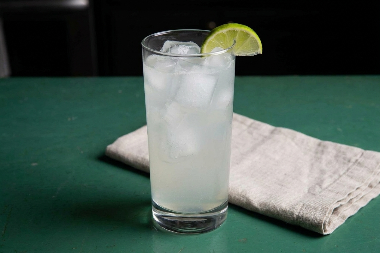 A finished gin rickey in a highball glass with clear ice and a lime wedge garnish on a simple table setting with a napkin