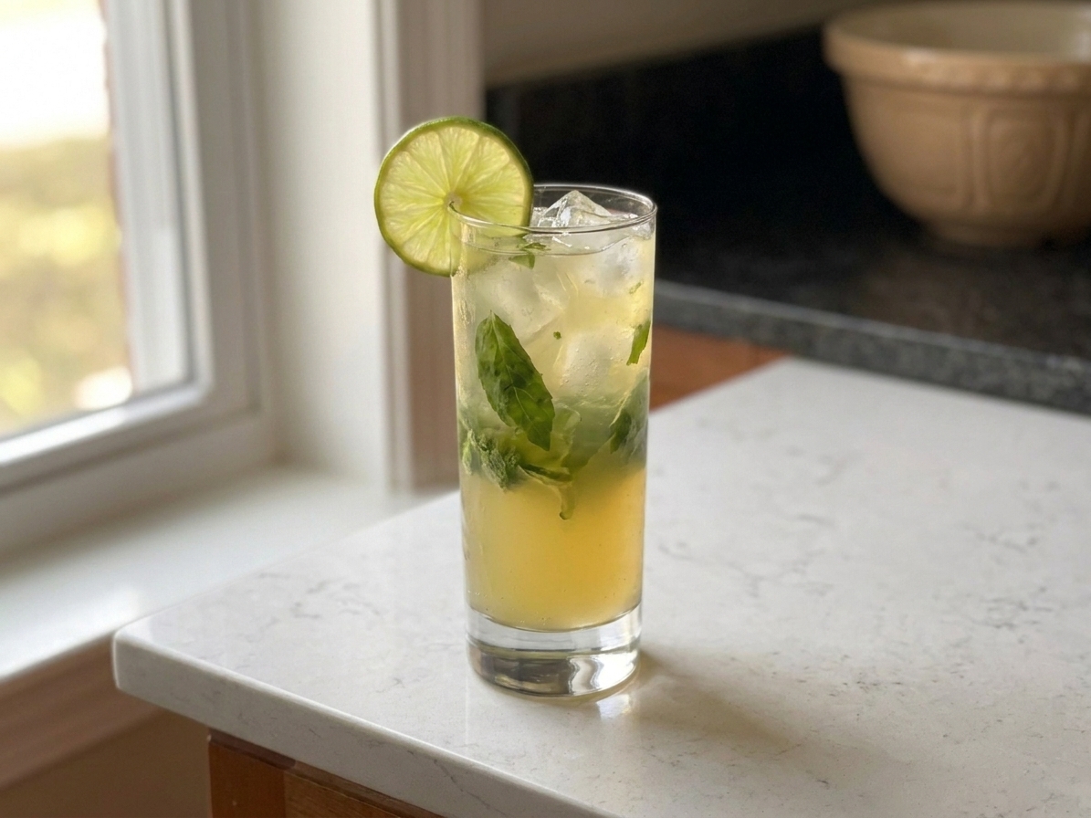 A finished ginger basil gin smash in a clear glass with ice, basil garnish, and a lime wheel on a kitchen counter with soft daylight