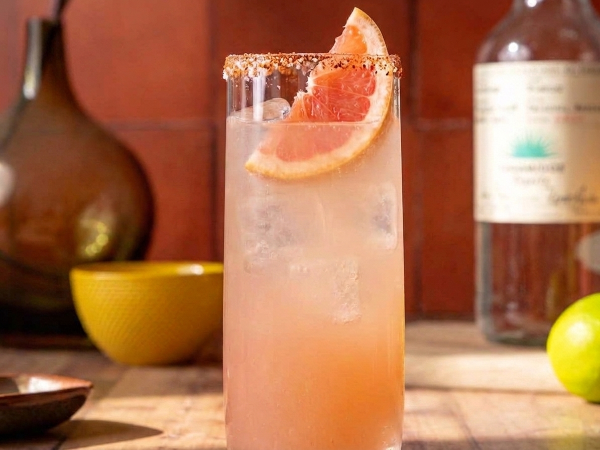 A finished grapefruit tequila cocktail with a chili salt rim and grapefruit wedge garnish sitting on a wooden table with soft evening light