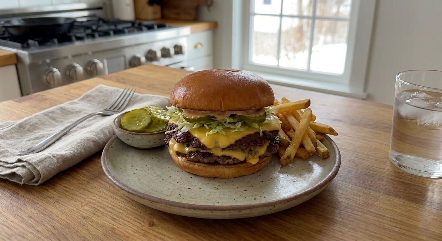 A finished homeburger on a plate with pickles and a simple side, set on a casual dinner table with napkins and a glass of water