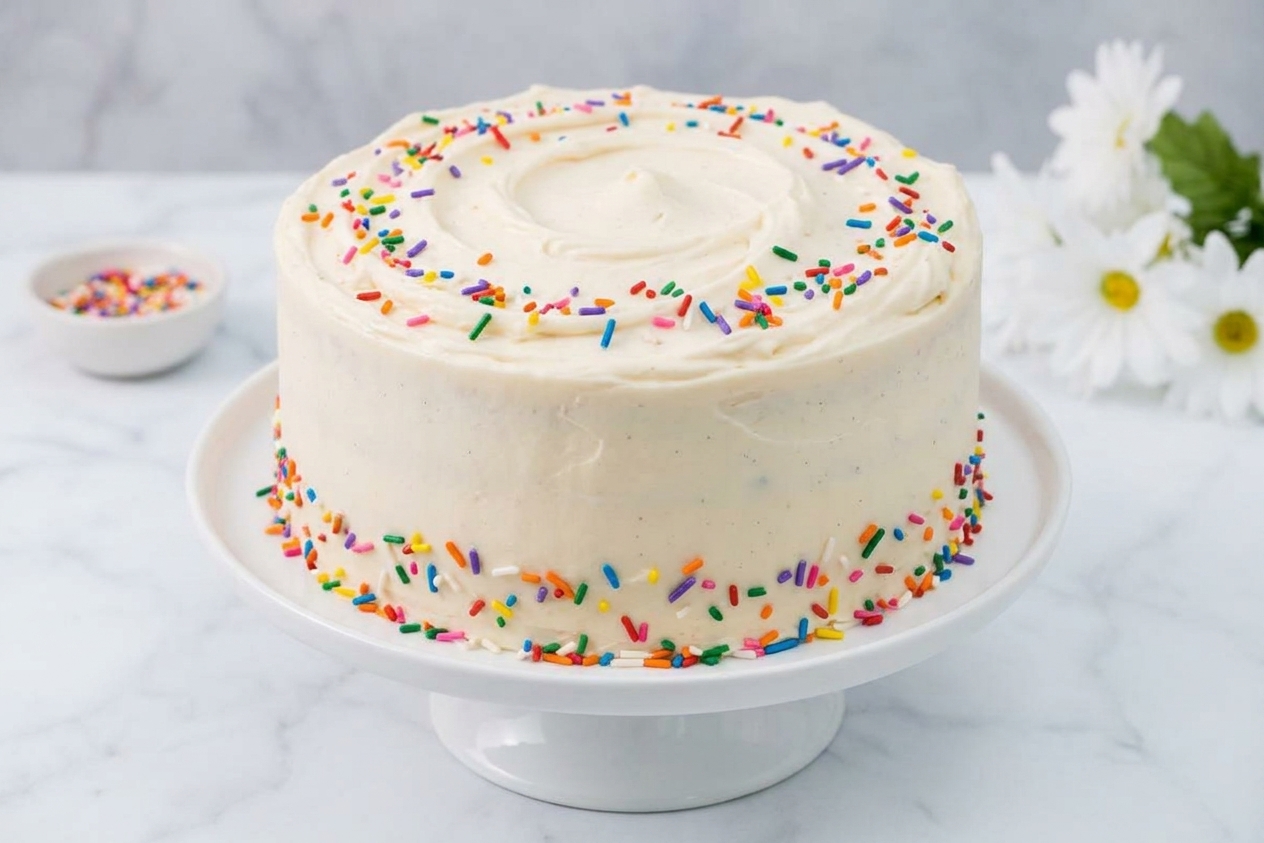 A finished homemade confetti layer cake frosted with vanilla buttercream and decorated with rainbow sprinkles on a cake stand