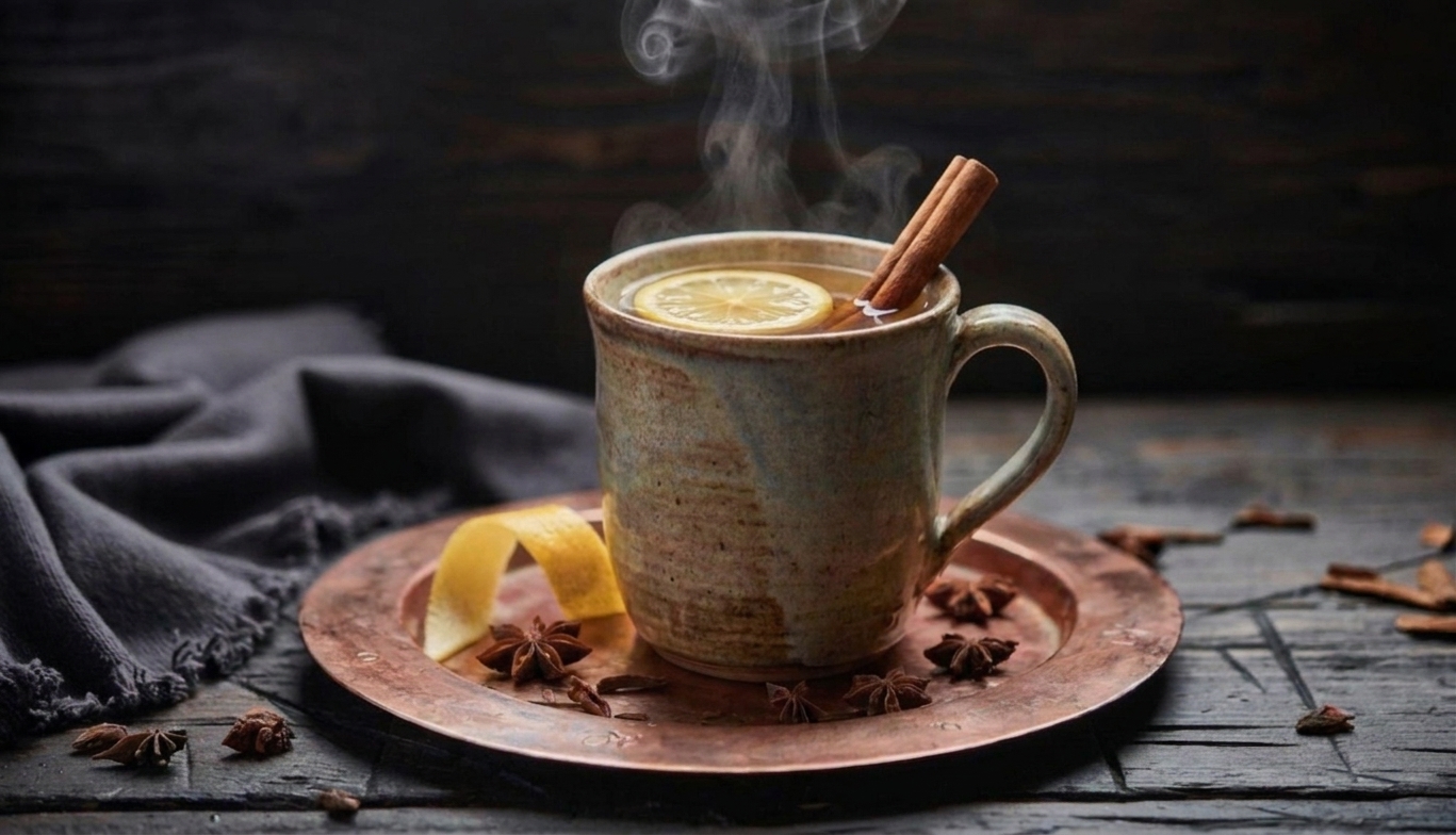 A finished hot toddy in a mug garnished with a cinnamon stick and lemon wheel on a wooden table setting