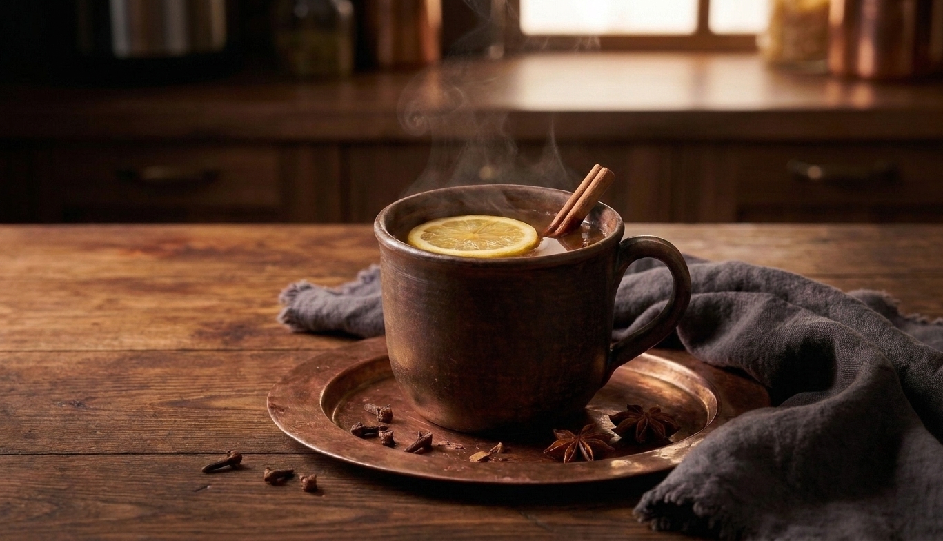 A finished hot toddy in a mug with a lemon wheel and cinnamon stick garnish, steam rising in warm kitchen light