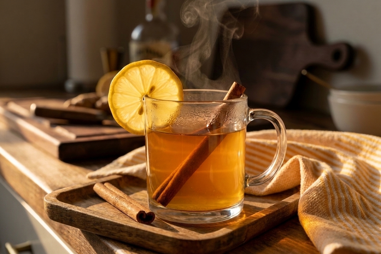 A finished hot toddy on a small wooden tray with a lemon wheel garnish and a cinnamon stick beside the mug, cozy table setting