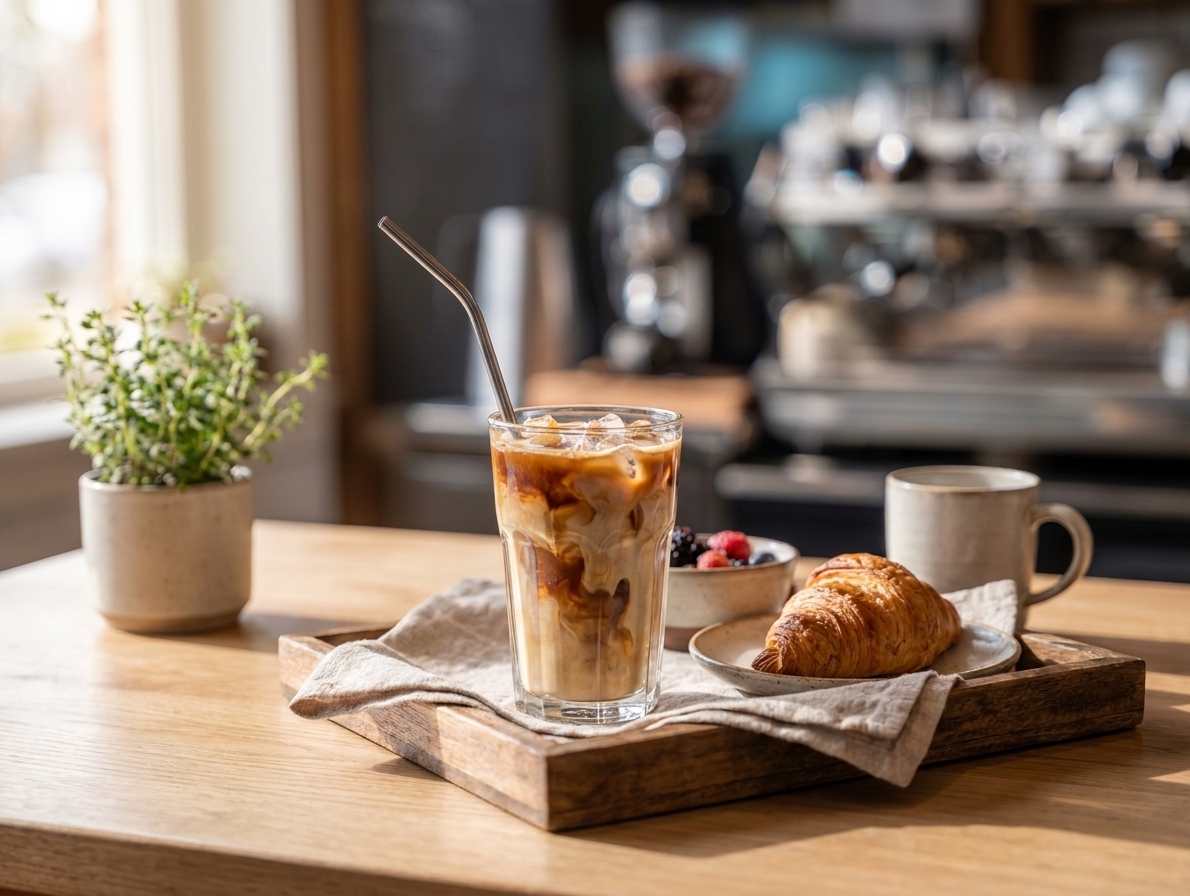 A finished iced latte in a clear glass with a straw, sitting on a simple breakfast table setting in natural daylight