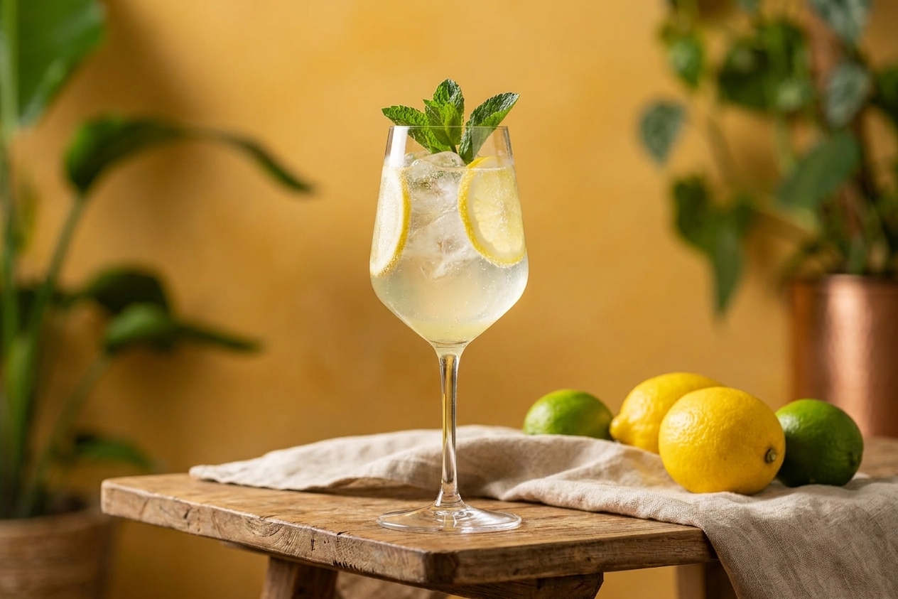 A finished limoncello spritz with a lemon wheel and mint sprig on a small table setting with a napkin and citrus nearby