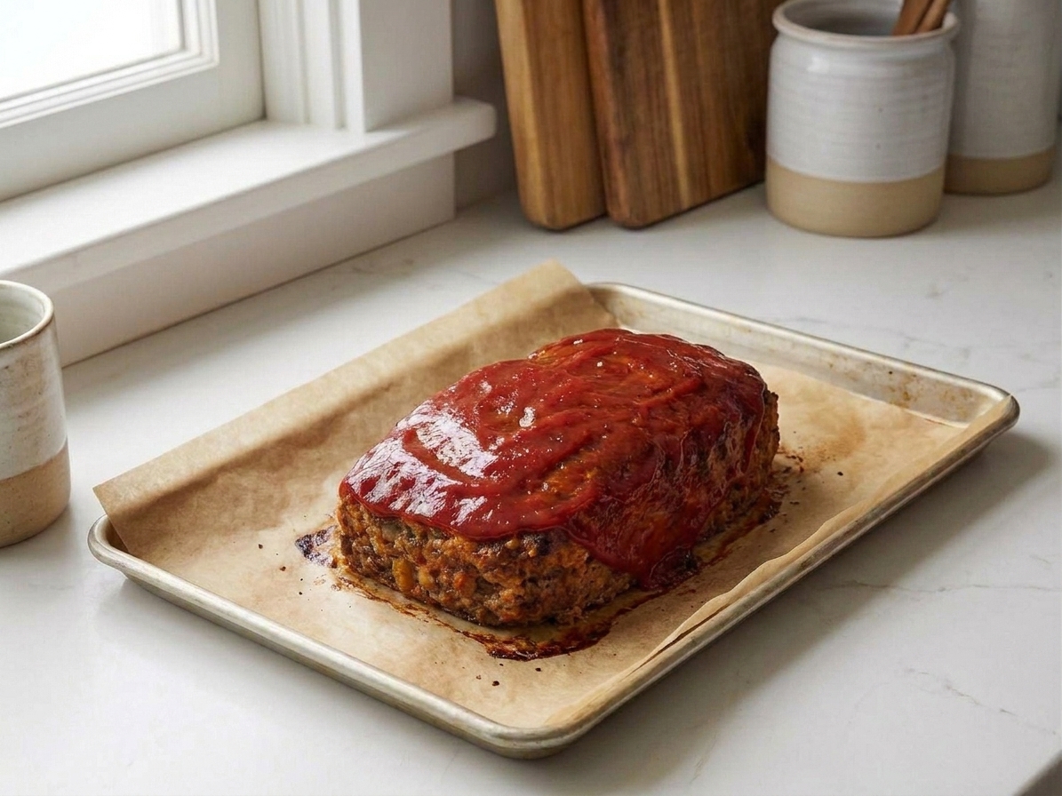 A finished meatloaf with glossy glaze on a sheet pan, edges browned and caramelized