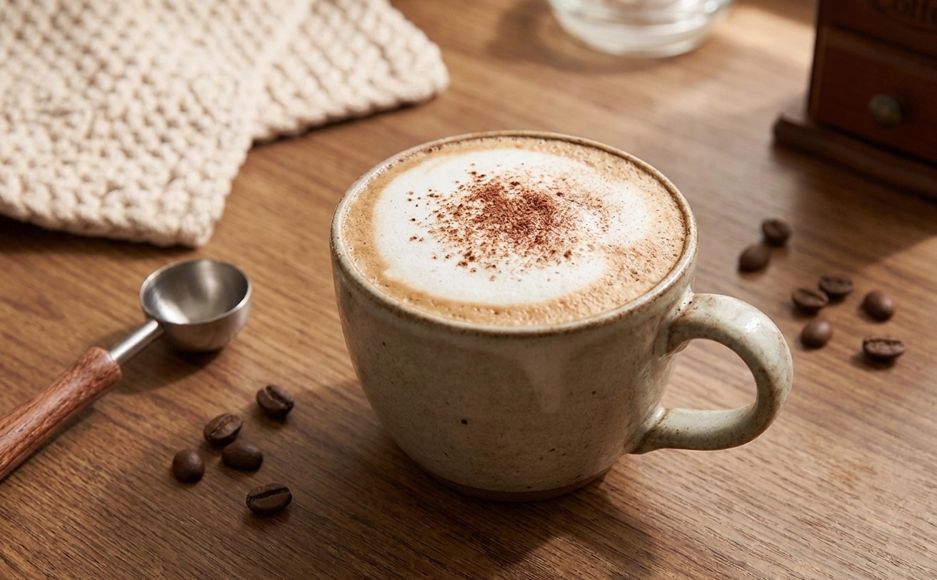 A finished mocha latte in a mug on a wooden table, topped with a light sprinkle of cocoa powder