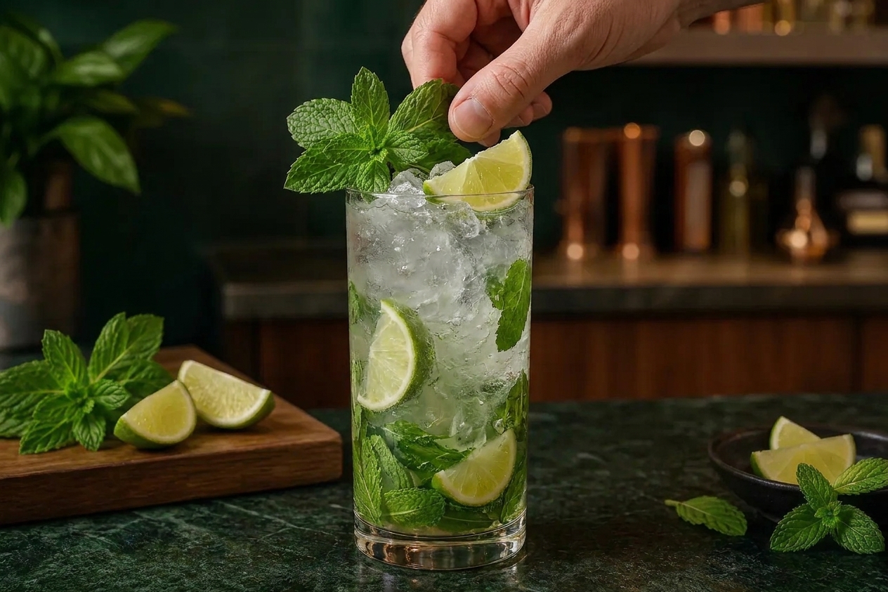 A finished mojito being garnished with a fresh mint sprig and a lime wedge at a kitchen counter