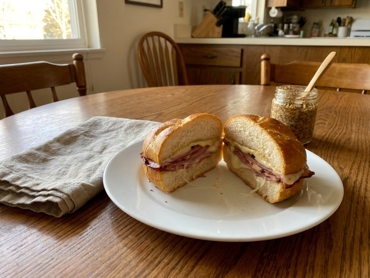 A finished mortadella and provolone sandwich on a plate with a simple napkin and a jar of mustard on a dining table in warm natural light