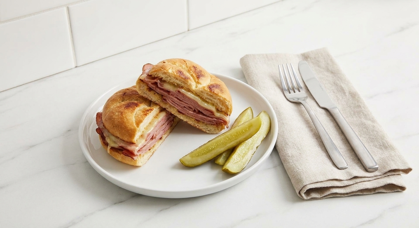 A finished mortadella and provolone sandwich on a plate with a few pickle spears and a simple napkin setting