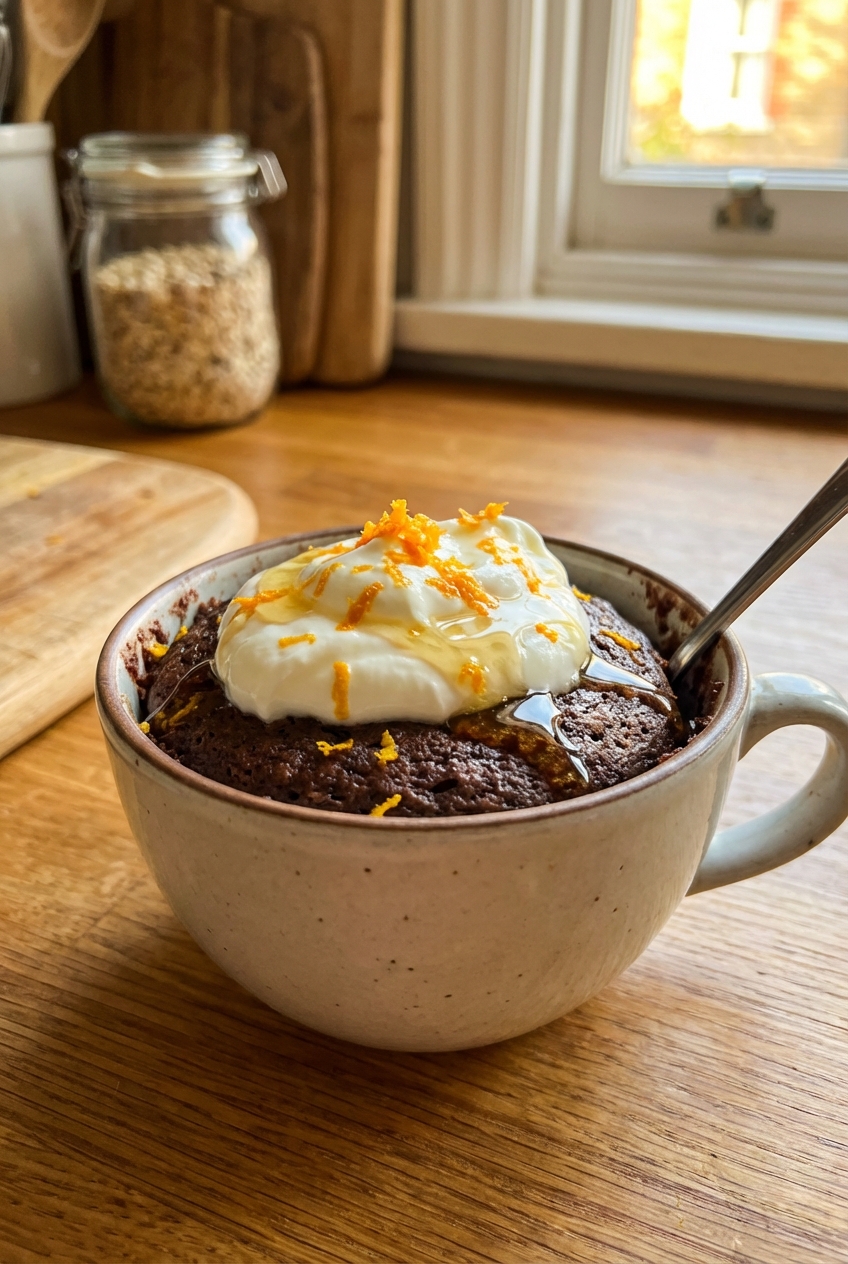 A finished mug brownie topped with a dollop of Greek yogurt, honey drizzle, and orange zest on a countertop