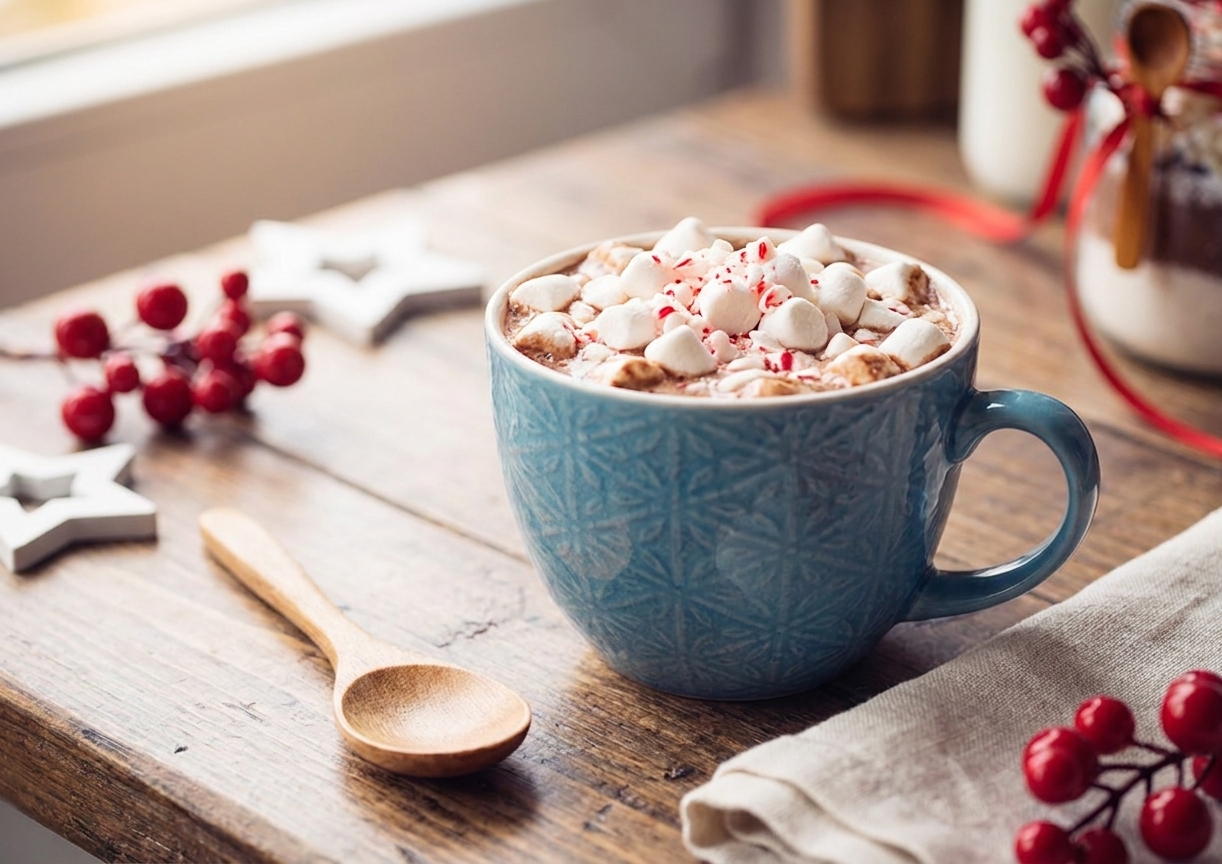 A finished mug of hot cocoa topped with mini marshmallows on a wooden table with a folded napkin and spoon
