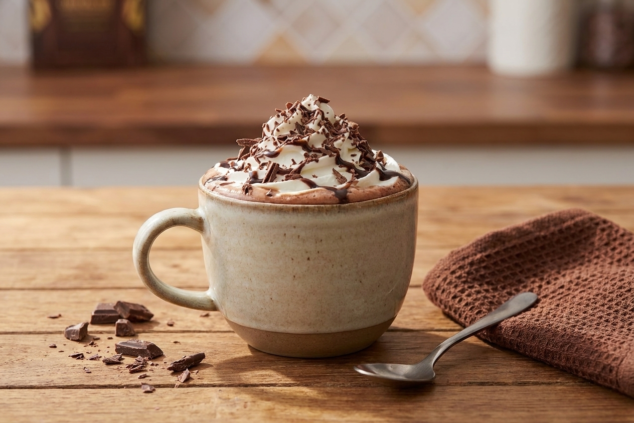 A finished mug of hot cocoa topped with whipped cream and chocolate shavings on a table setting with a spoon and napkin