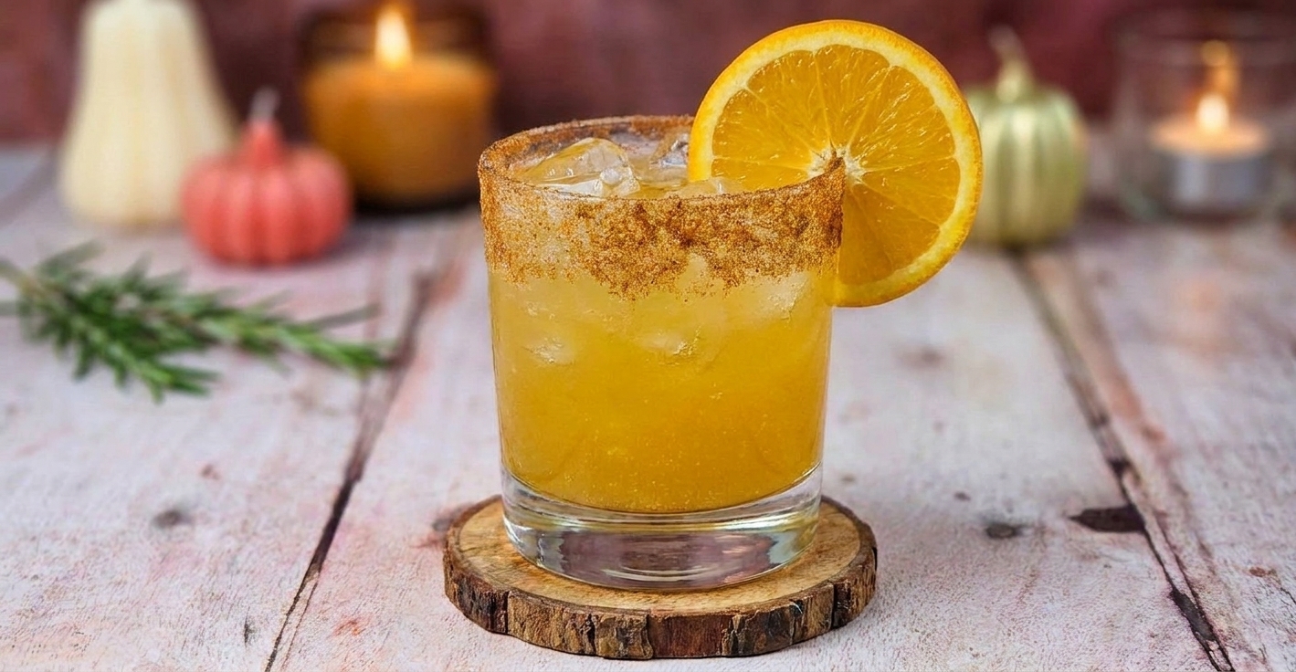 A finished orange ginger mocktail with a cinnamon sugar rim and an orange slice garnish on a wooden coaster