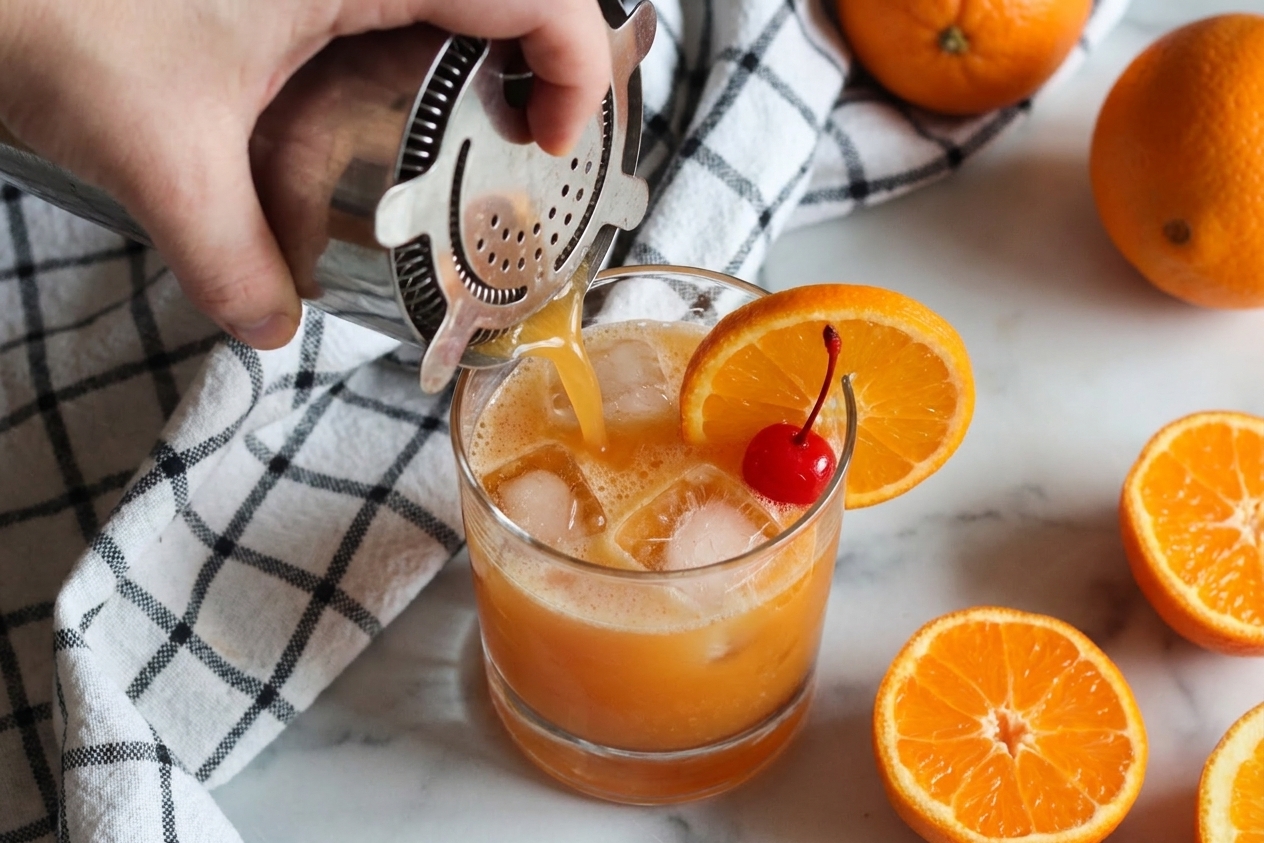 A finished orange whiskey sour being strained into a glass