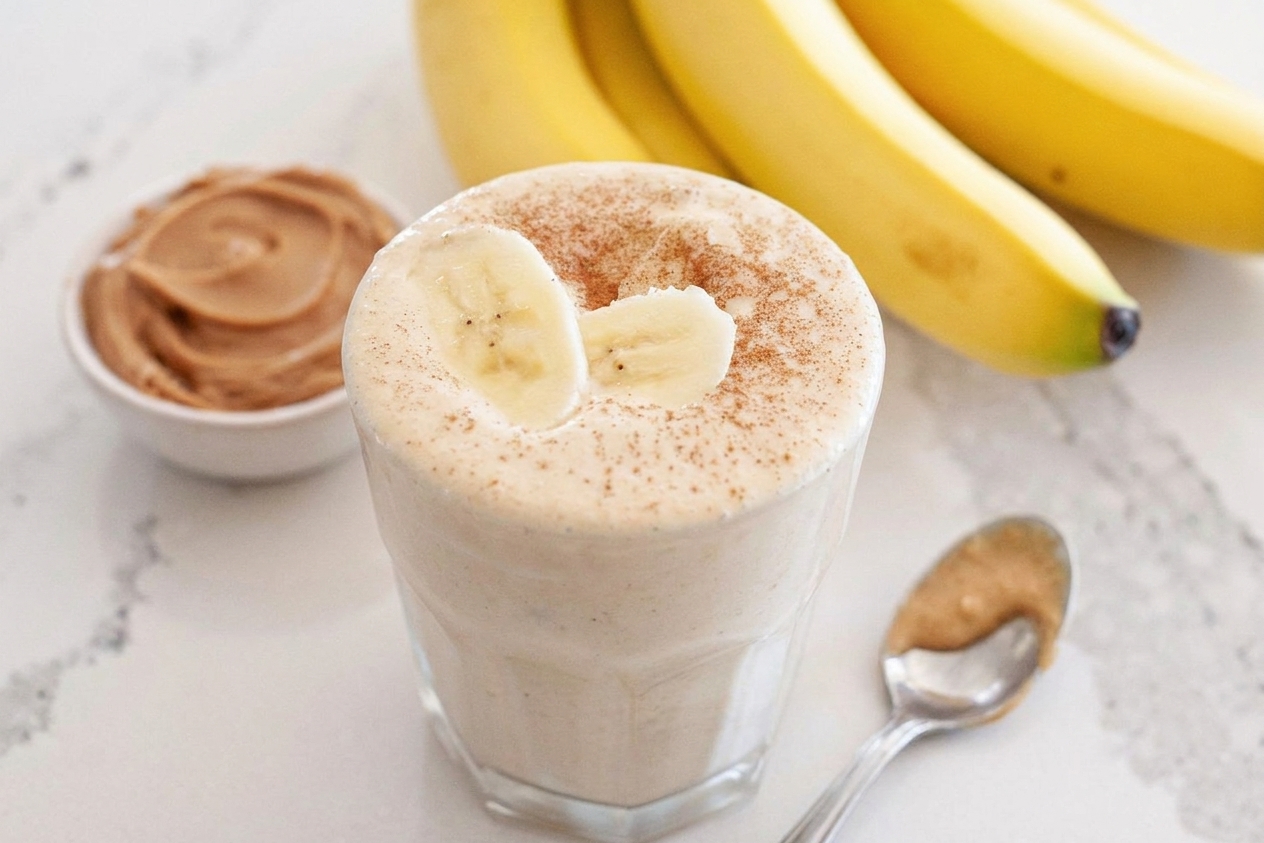 A finished peanut butter smoothie poured into a glass on a kitchen counter with a spoon nearby, creamy and thick