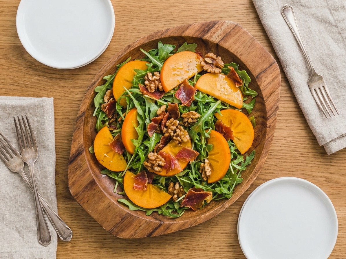 A finished persimmon salad on a serving platter set on a wooden table with plates and linen napkins