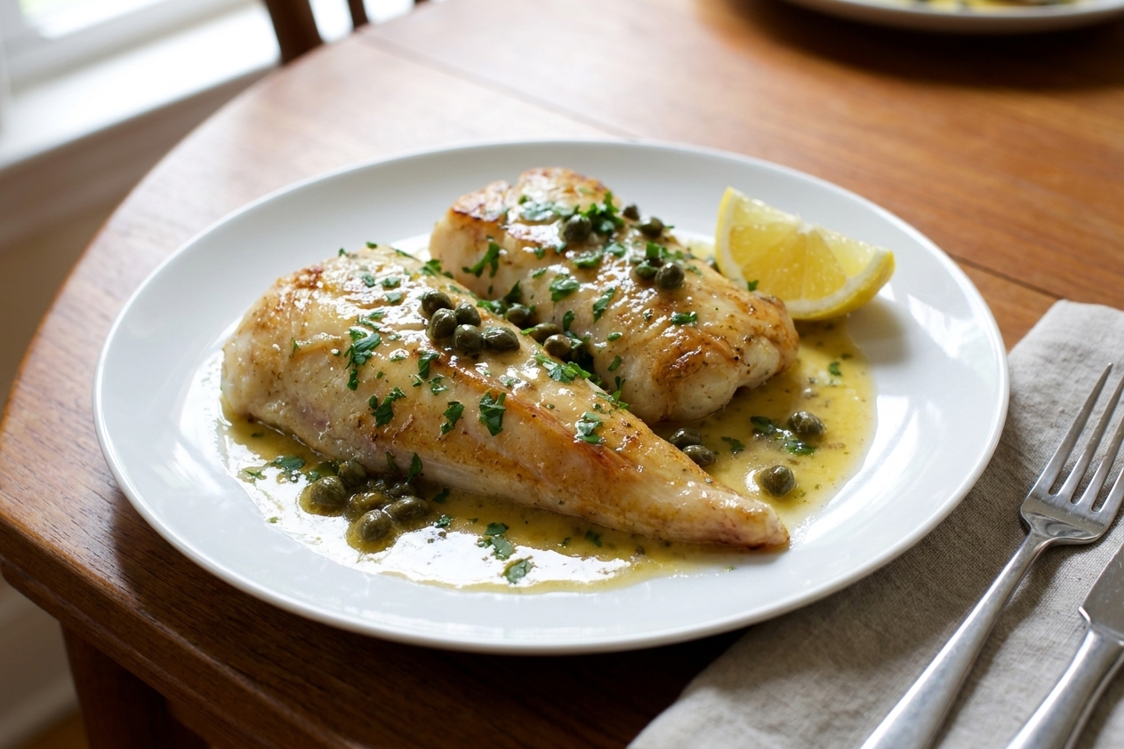 A finished plate of monkfish topped with lemon caper butter sauce, sprinkled with parsley, with a lemon wedge on the side on a simple dinner table