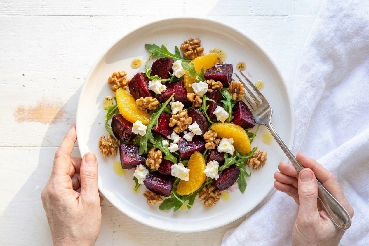 A finished plate of roasted beetroot salad with orange and feta on a white dish with a fork and linen napkin on a wooden table